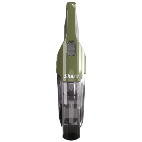 A handheld vacuum cleaner with an olive green body and a transparent dustbin, featuring the Shark brand logo.