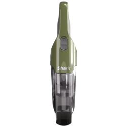 A handheld vacuum cleaner with an olive green body and a transparent dustbin, featuring the Shark brand logo.