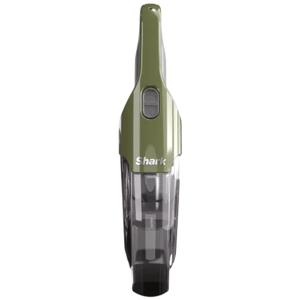 A handheld vacuum cleaner with an olive green body and a transparent dustbin, featuring the Shark brand logo.