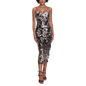 A mid-length dress with metallic stone embellishments, featuring a V-neckline, spaghetti straps, and fitted silhouette.