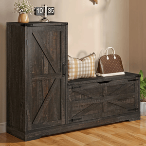 Rustic dark wooden storage bench with a single door cabinet and drawer, featuring metal hinges and handles. Topped with a small plant, a flip clock, a plaid cushion, and a brown handbag.
