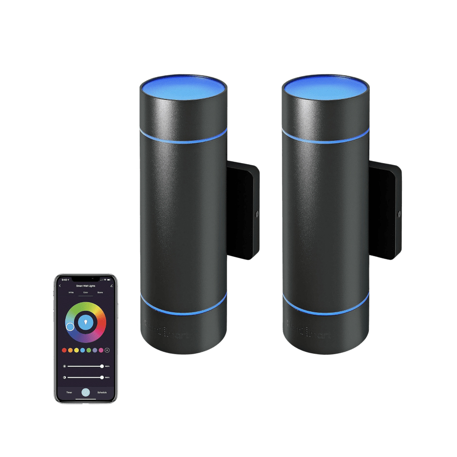 Two cylindrical black smart speakers with blue accent lighting and a smartphone showing a color control app interface.