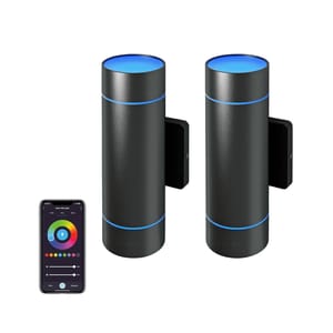 Two cylindrical black smart speakers with blue accent lighting and a smartphone showing a color control app interface.
