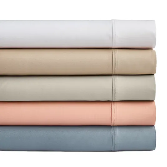 Stack of 800 thread count cotton-blend sheets in assorted colors: white, beige, grey, peach, and blue. Each sheet features a subtle stitched hem.