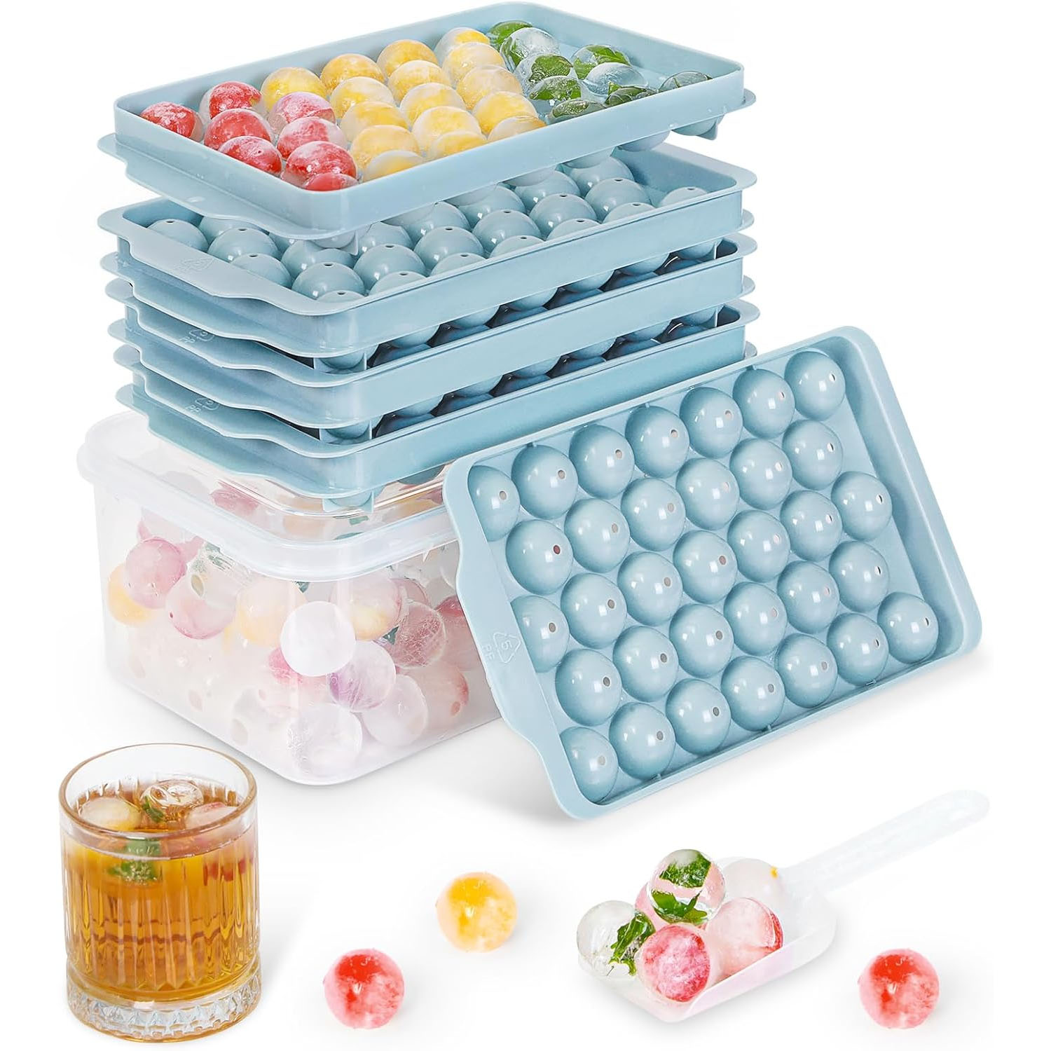 The image shows a 99-piece ice cube-making kit with light blue trays designed for creating round ice cubes. The set includes a stackable system and a clear storage container, featuring colorful infused ice balls.