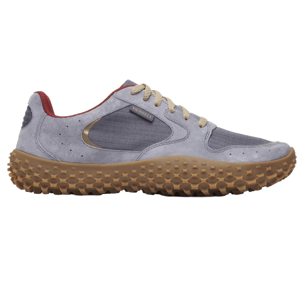 A gray and red Merrell sneaker with a textured gum sole and beige laces.