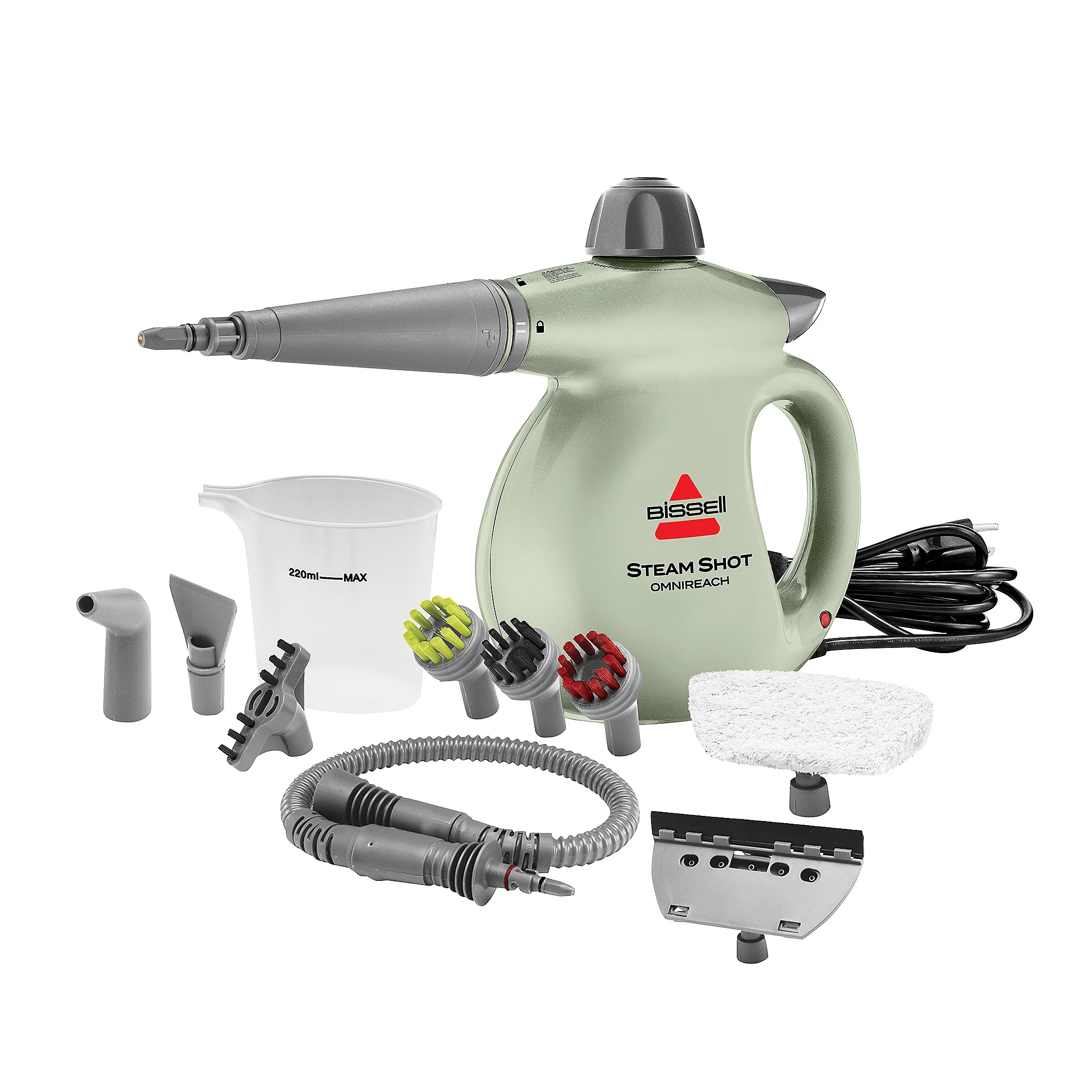 The Bissell Steam Shot Omnireach is a handheld steam cleaner with multiple attachments, including nozzles, scrub brushes, a measuring cup, extension hose, and cleaning pad. Ideal for various cleaning tasks around the home.