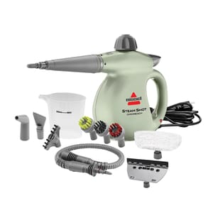 The Bissell Steam Shot Omnireach is a handheld steam cleaner with multiple attachments, including nozzles, scrub brushes, a measuring cup, extension hose, and cleaning pad. Ideal for various cleaning tasks around the home.