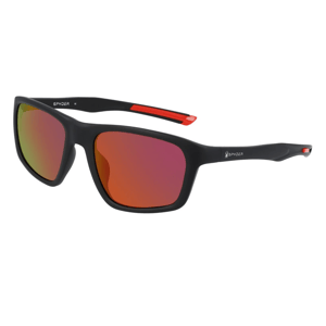 Black sunglasses with a matte frame, red accents on the temples, and reflective red-orange lenses. Brand: Spyder.