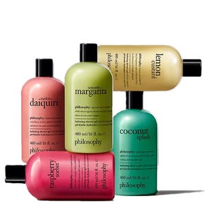 Five Philosophy shower gels in various scents: melon daiquiri, senorita margarita, lemon custard, raspberry sorbet, and coconut splash, each in 480 ml bottles.