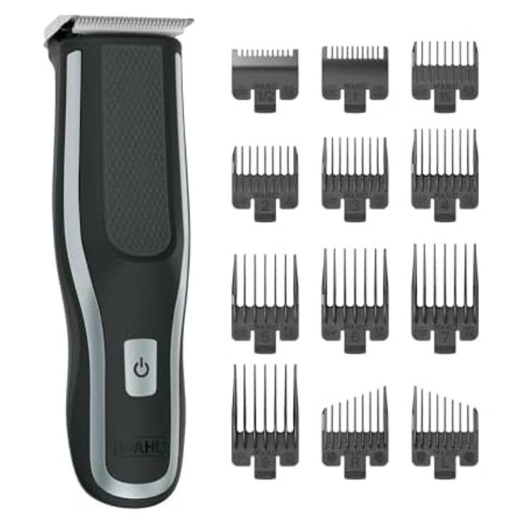 A Wahl cordless clipper set with a black and silver design, accompanied by 12 guide combs labeled with different sizes for varied hair lengths.
