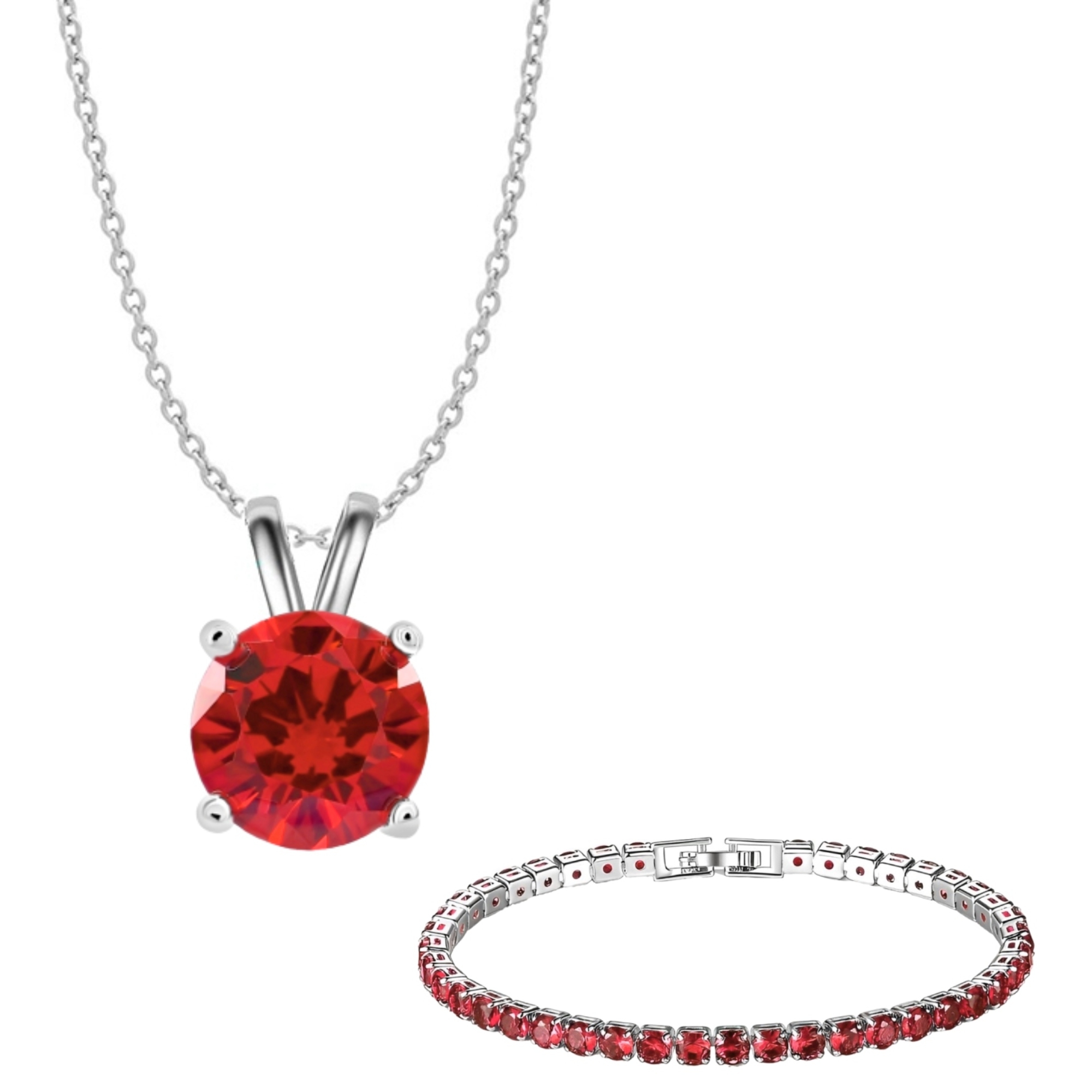 A silver chain necklace with a round, red crystal pendant and a matching tennis bracelet featuring a series of small red crystals set in silver links.