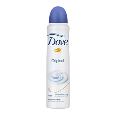 Dove Original antiperspirant deodorant in a spray can with a blue cap, 48-hour protection, alcohol-free, and enriched with vitamins E and F.