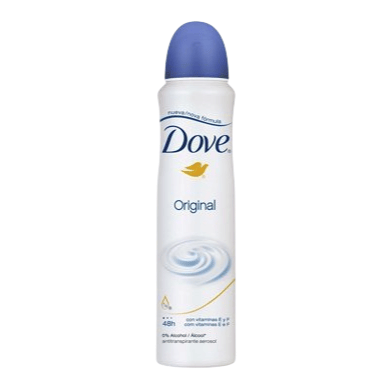 Dove Original antiperspirant deodorant in a spray can with a blue cap, 48-hour protection, alcohol-free, and enriched with vitamins E and F.
