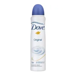 Dove Original antiperspirant deodorant in a spray can with a blue cap, 48-hour protection, alcohol-free, and enriched with vitamins E and F.
