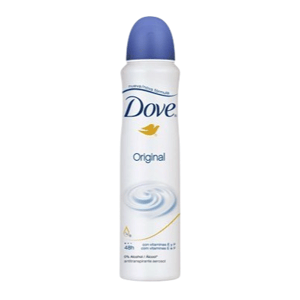 Dove Original antiperspirant deodorant in a spray can with a blue cap, 48-hour protection, alcohol-free, and enriched with vitamins E and F.