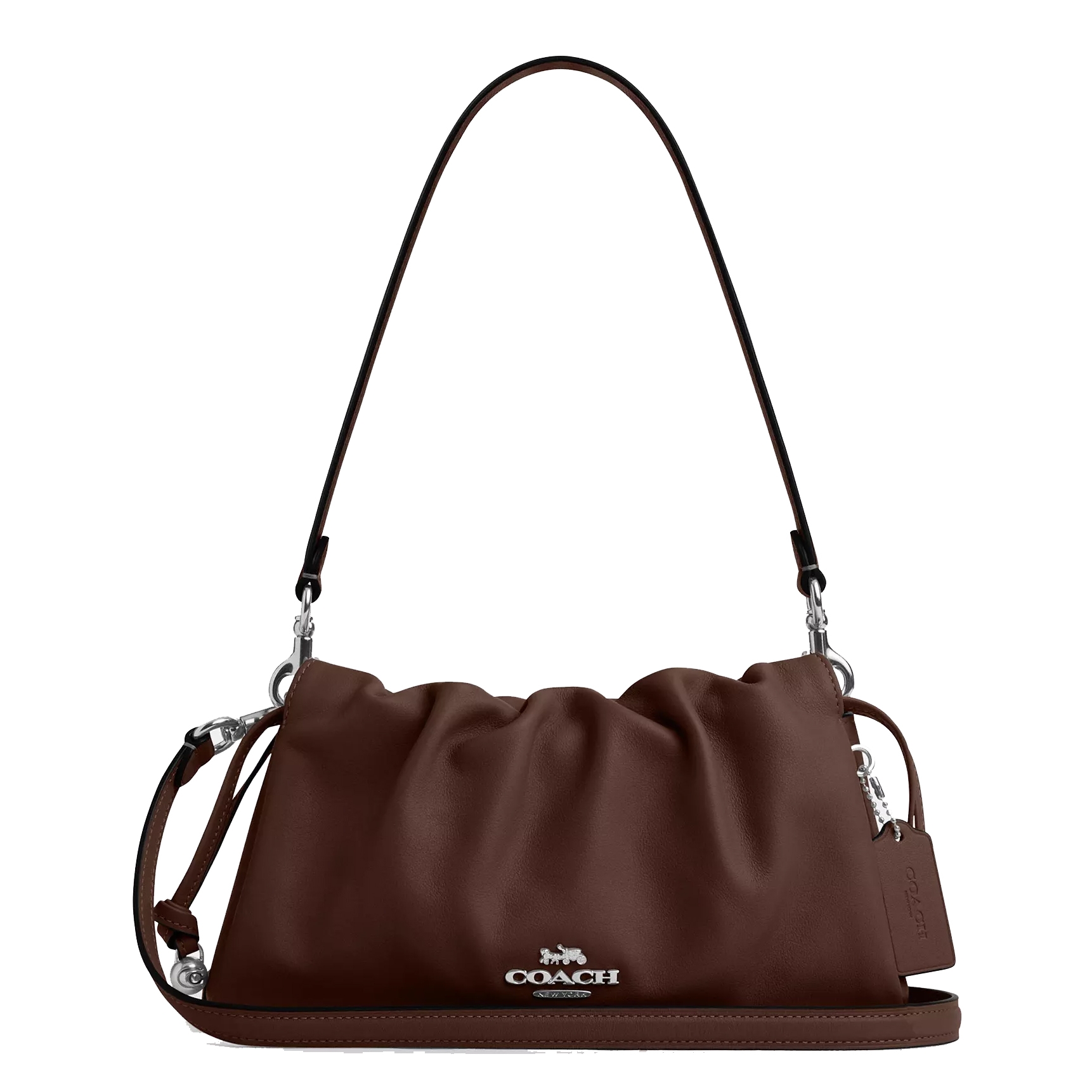 Brown Coach leather shoulder bag with a drawstring closure, silver-tone hardware, and a detachable strap for versatile carrying options.