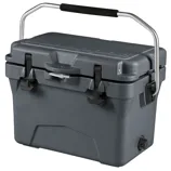 A dark gray hard-sided cooler with a sturdy stainless steel handle, dual latches, and a drainage plug. Suitable for keeping food and drinks cold.