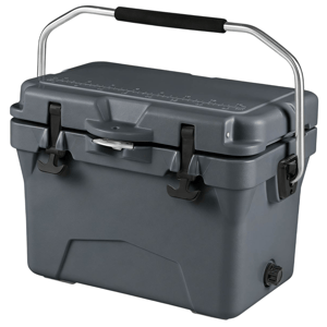 A dark gray hard-sided cooler with a sturdy stainless steel handle, dual latches, and a drainage plug. Suitable for keeping food and drinks cold.