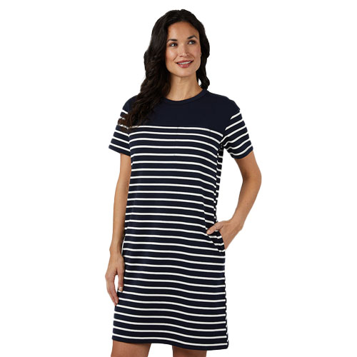 Navy Luxe Knit Pocket Dress with white horizontal stripes, short sleeves, crew neckline, and a relaxed fit with hip-length pockets.