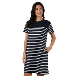 Navy Luxe Knit Pocket Dress with white horizontal stripes, short sleeves, crew neckline, and a relaxed fit with hip-length pockets.