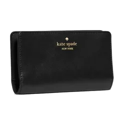 Black Kate Spade New York wallet, featuring gold logo lettering on the front, with a smooth, textured finish.