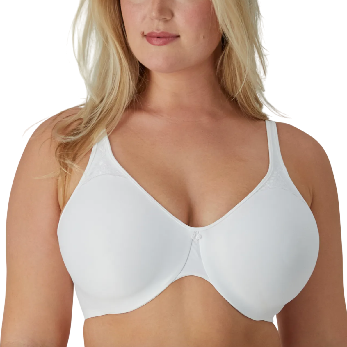 White underwire bra with seamless cups and adjustable straps, designed for comfort and support.