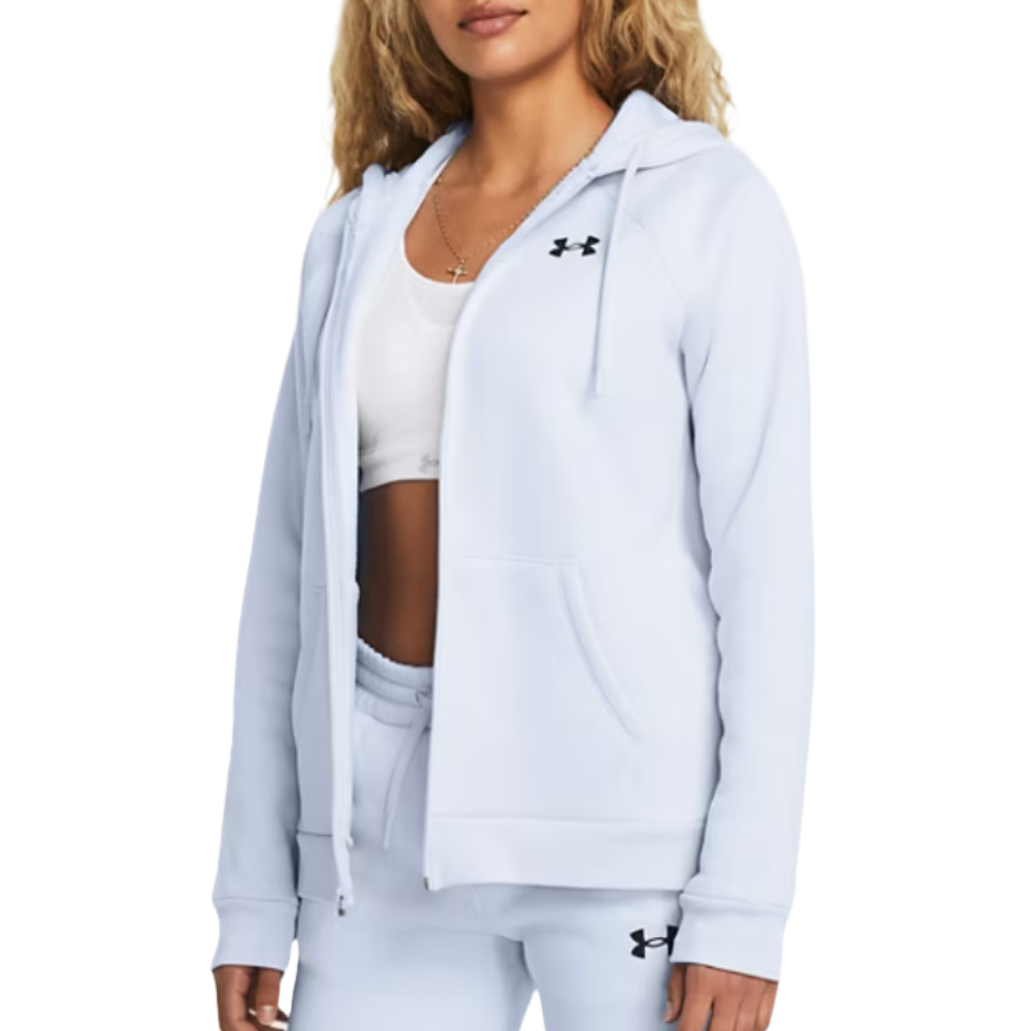 Under Armour Fleece Full-Zip Hoodie in light blue, featuring a front zipper, drawstring hood, and the Under Armour logo on the chest. Paired with matching sweatpants, creating a coordinated athleisure look.