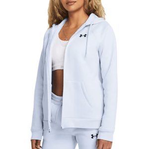 Under Armour Fleece Full-Zip Hoodie in light blue, featuring a front zipper, drawstring hood, and the Under Armour logo on the chest. Paired with matching sweatpants, creating a coordinated athleisure look.
