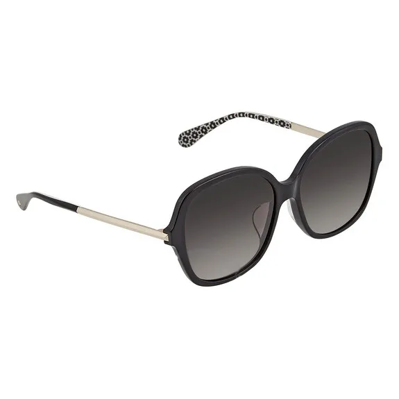 These are Kate Spade square-shaped sunglasses with a black frame and grey lenses. The arms feature a spotted design with gold-tone accents.