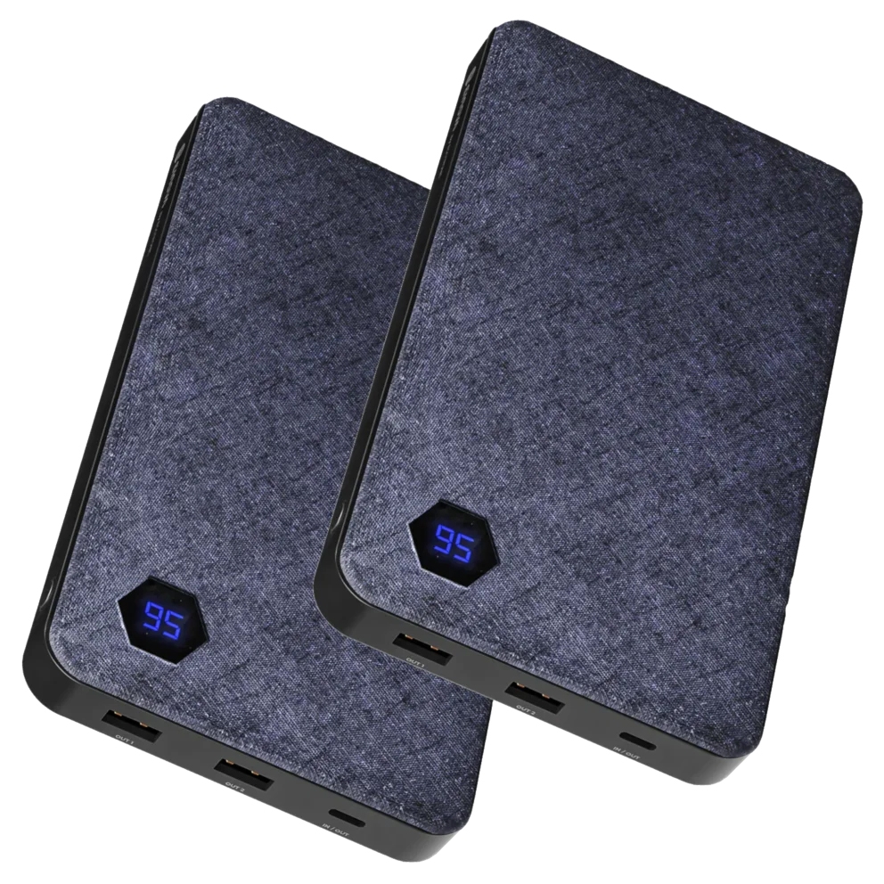 Two portable power banks with a fabric-like texture, each featuring a digital display showing \“95\“ and equipped with multiple USB ports at the bottom.