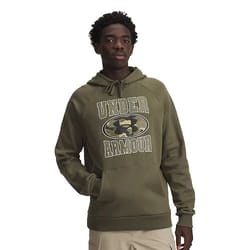 A person wearing an olive green Under Armour hoodie with a front logo and khaki pants.