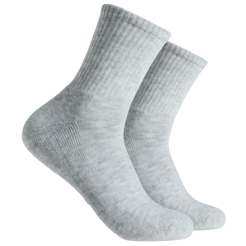 A pair of gray crew socks with a ribbed texture and cushioned sole.