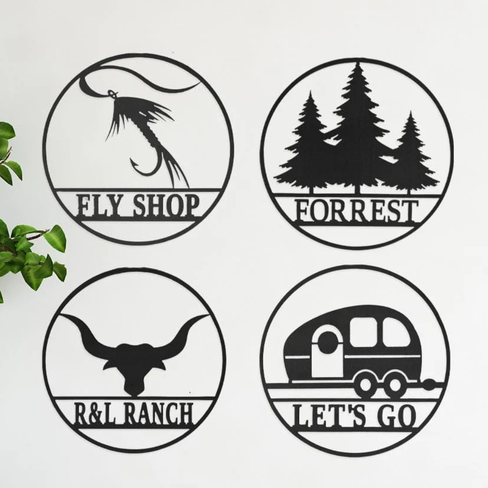 Four circular signs with designs for \“Fly Shop\“ (fly fishing hook), \“Forrest\“ (trees), \“R&L Ranch\“ (bull head), and \“Let's Go\“ (camper trailer).