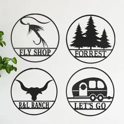 Four circular signs with designs for \“Fly Shop\“ (fly fishing hook), \“Forrest\“ (trees), \“R&L Ranch\“ (bull head), and \“Let's Go\“ (camper trailer).