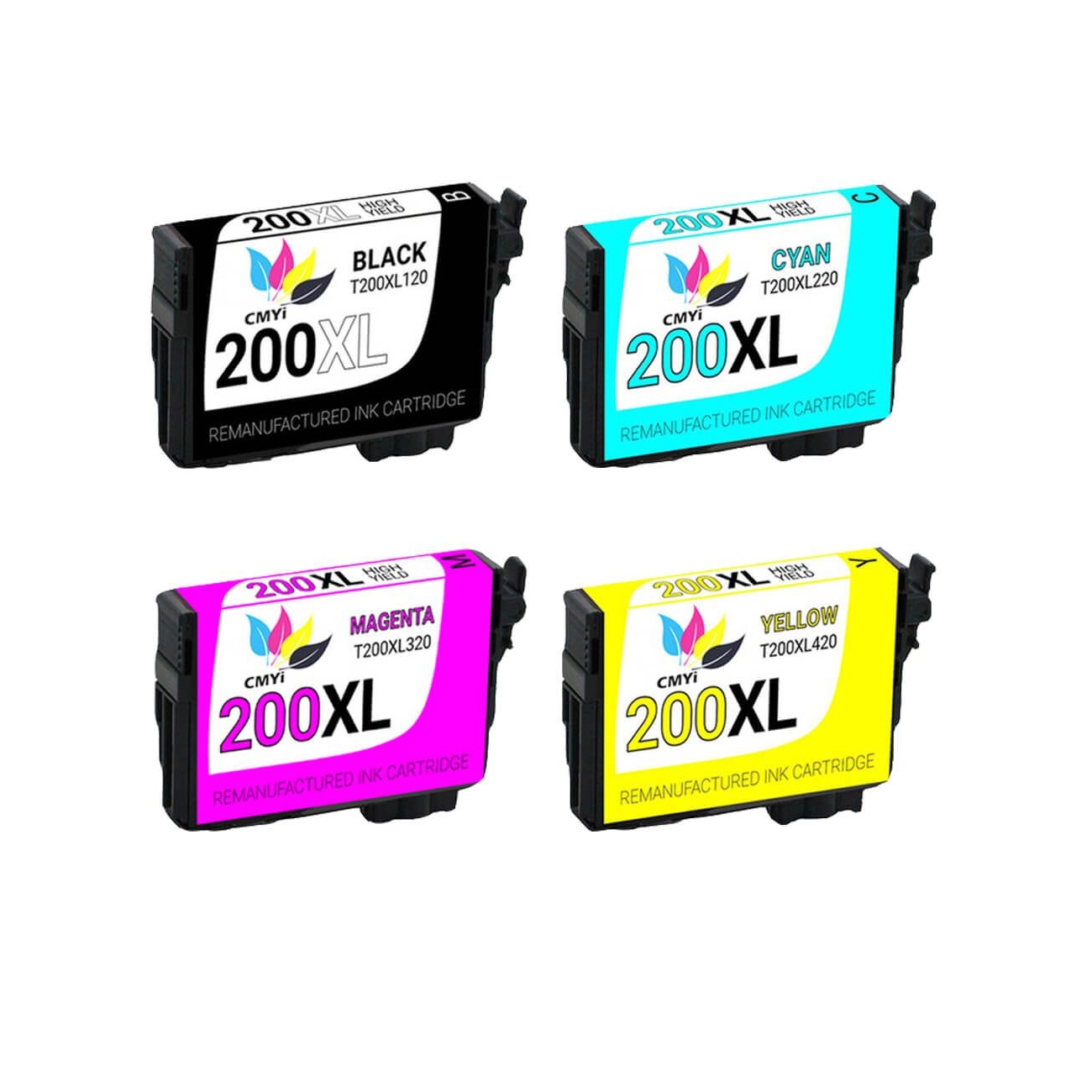Four remanufactured Epson 200XL ink cartridges in black, cyan, magenta, and yellow, labeled with their respective codes (T200XL120, T200XL220, T200XL320, T200XL420) for high-yield printing.
