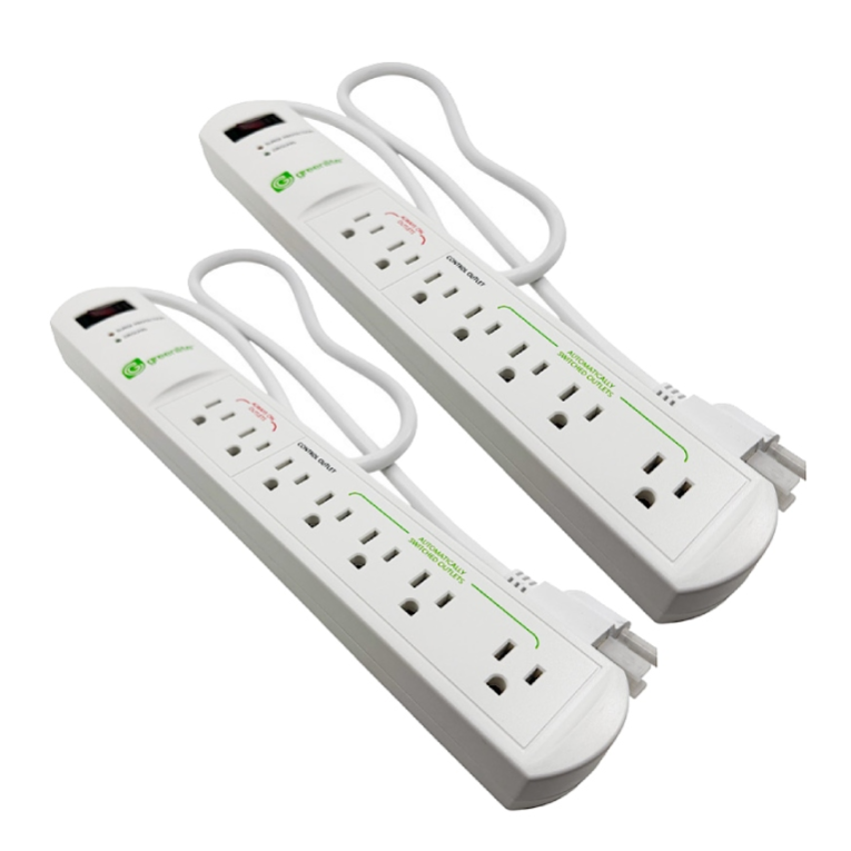 Two white power strips, each with multiple outlets and a long cord, designed for surge protection and energy saving.