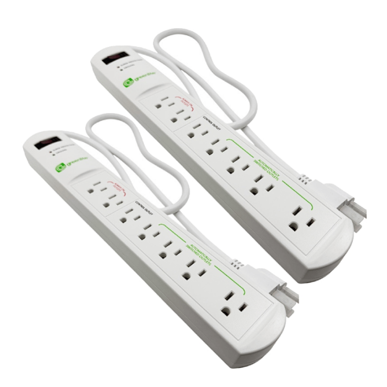 Two white power strips, each with multiple outlets and a long cord, designed for surge protection and energy saving.