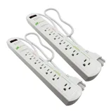Two white power strips, each with multiple outlets and a long cord, designed for surge protection and energy saving.