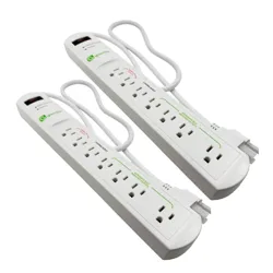 Two white power strips, each with multiple outlets and a long cord, designed for surge protection and energy saving.
