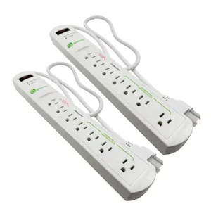 Two white power strips, each with multiple outlets and a long cord, designed for surge protection and energy saving.