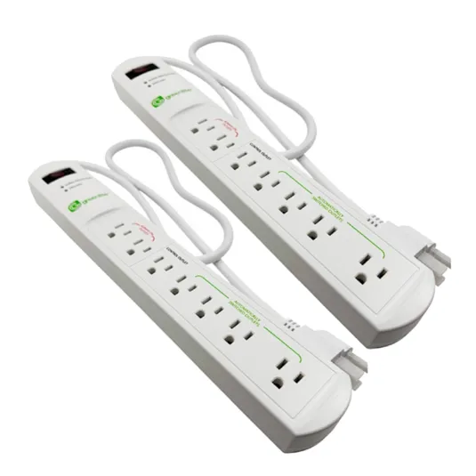 Two white power strips, each with multiple outlets and a long cord, designed for surge protection and energy saving.