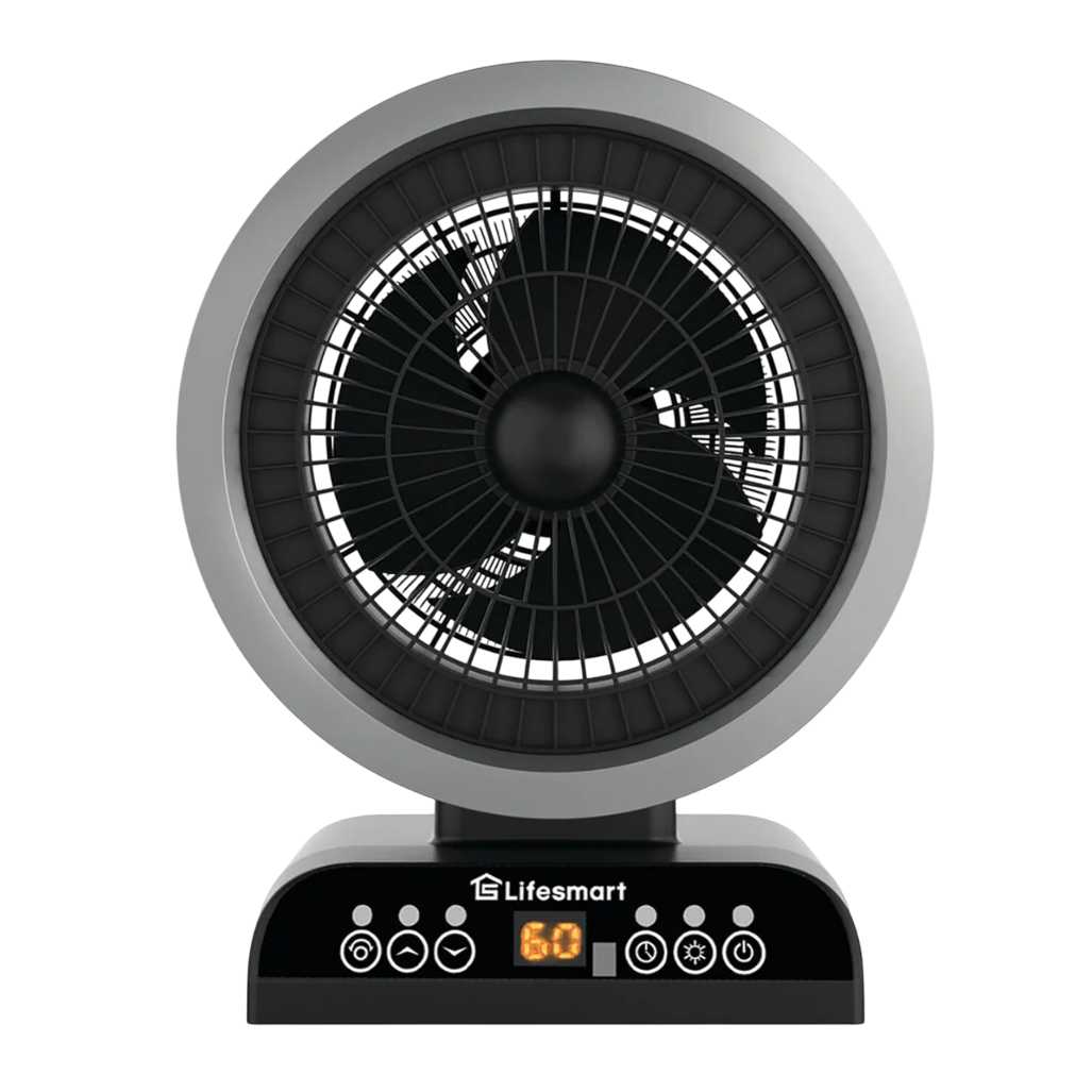 A compact Lifesmart electric fan heater with a modern design, featuring a digital display and control buttons on its base.