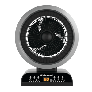 A compact Lifesmart electric fan heater with a modern design, featuring a digital display and control buttons on its base.