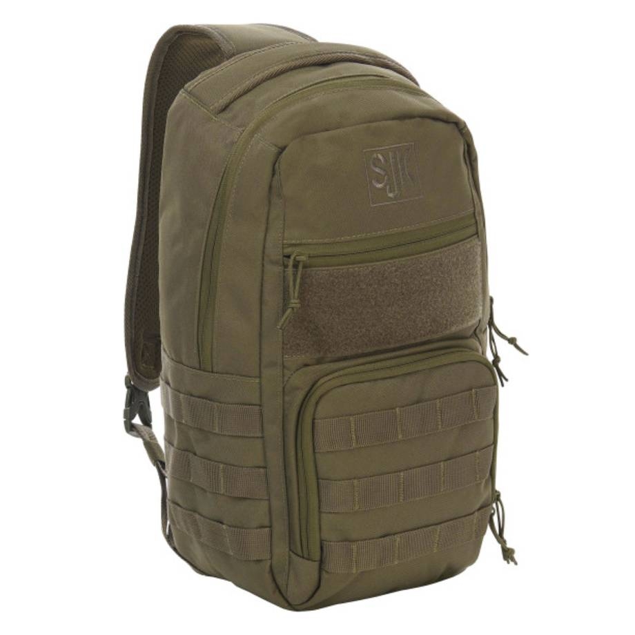 A khaki tactical sling pack with multiple compartments, MOLLE webbing for attachments, and a single padded shoulder strap for carrying.