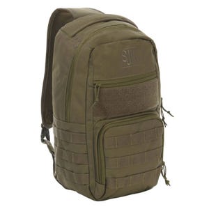 A khaki tactical sling pack with multiple compartments, MOLLE webbing for attachments, and a single padded shoulder strap for carrying.