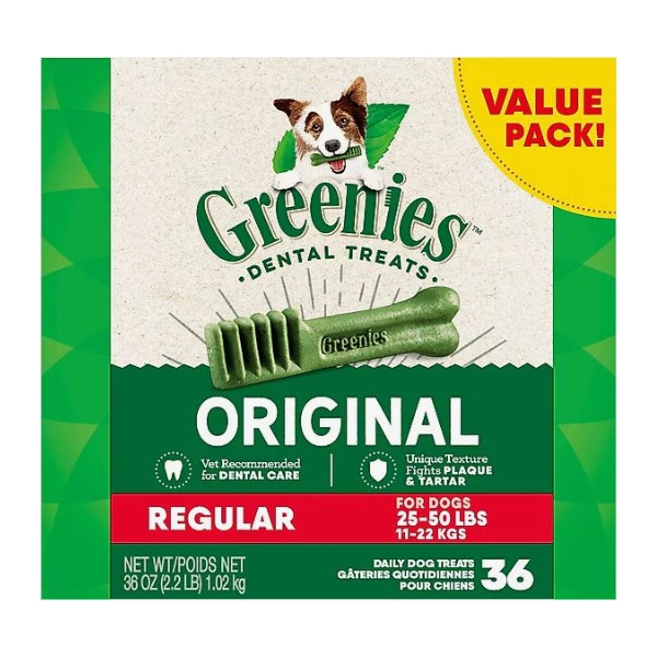 Greenies Dental Treats, Original, Regular size for dogs 25-50 lbs (11-22 kg). Contains 36 treats, recommended for dental care, and designed to fight plaque and tartar. Net weight: 36 oz (2.2 lb).