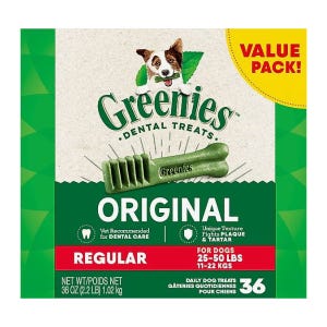Greenies Dental Treats, Original, Regular size for dogs 25-50 lbs (11-22 kg). Contains 36 treats, recommended for dental care, and designed to fight plaque and tartar. Net weight: 36 oz (2.2 lb).