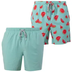 Two pairs of light blue swim trunks, one with a watermelon print and the other solid-colored, both featuring drawstring waistbands.