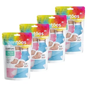 Zentoes Comfort Cotton Gel Heel Socks, designed for healing, softening, and soothing dry heels, come in blue and pink. They are moisturizing, help lock in heat, and are women-owned. Each pack contains two pairs.
